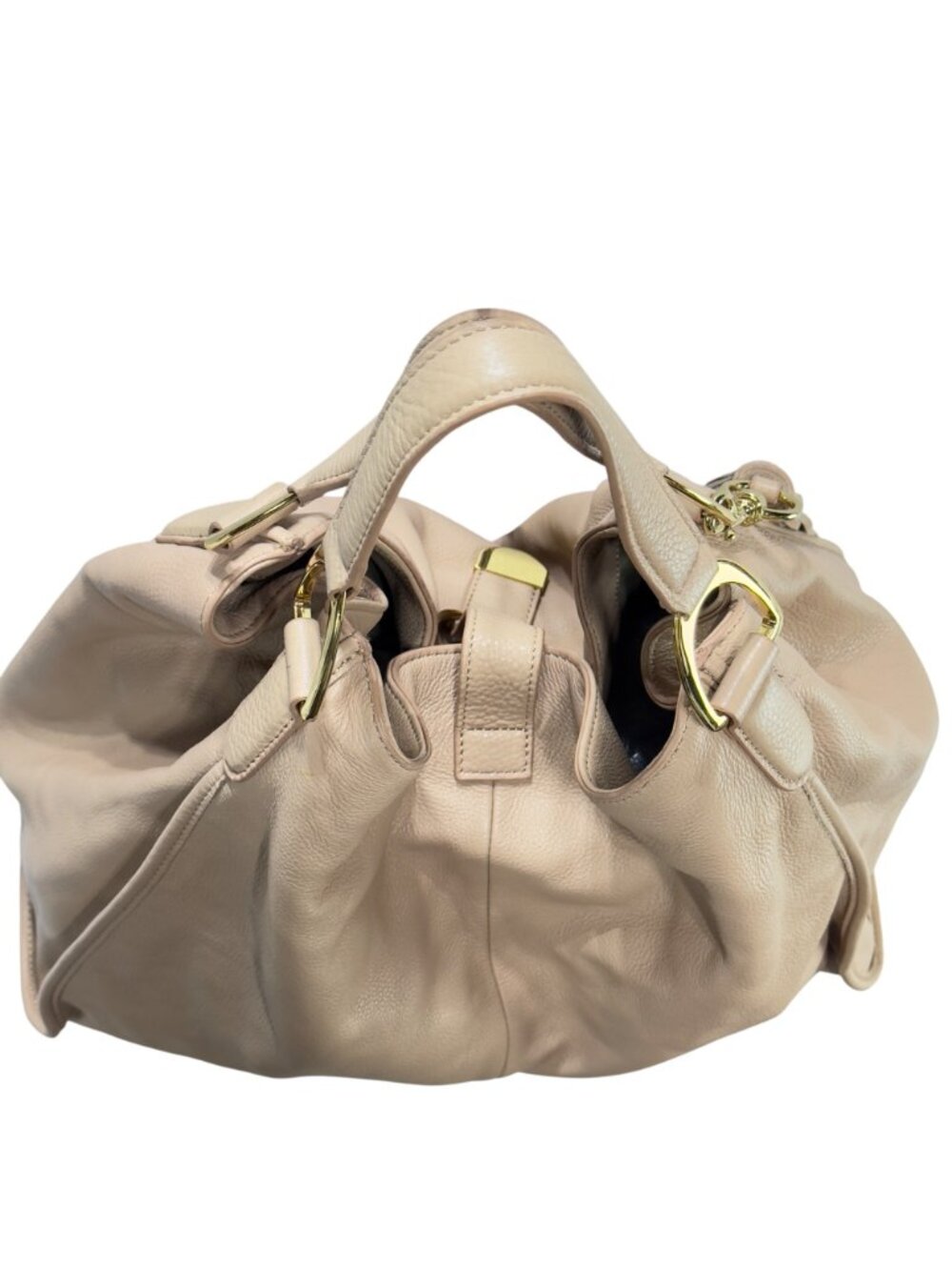 GILI Large Beige Leather Tote Bag With Gold Hardware & Fringe Tassel Accent - Picture 4 of 14